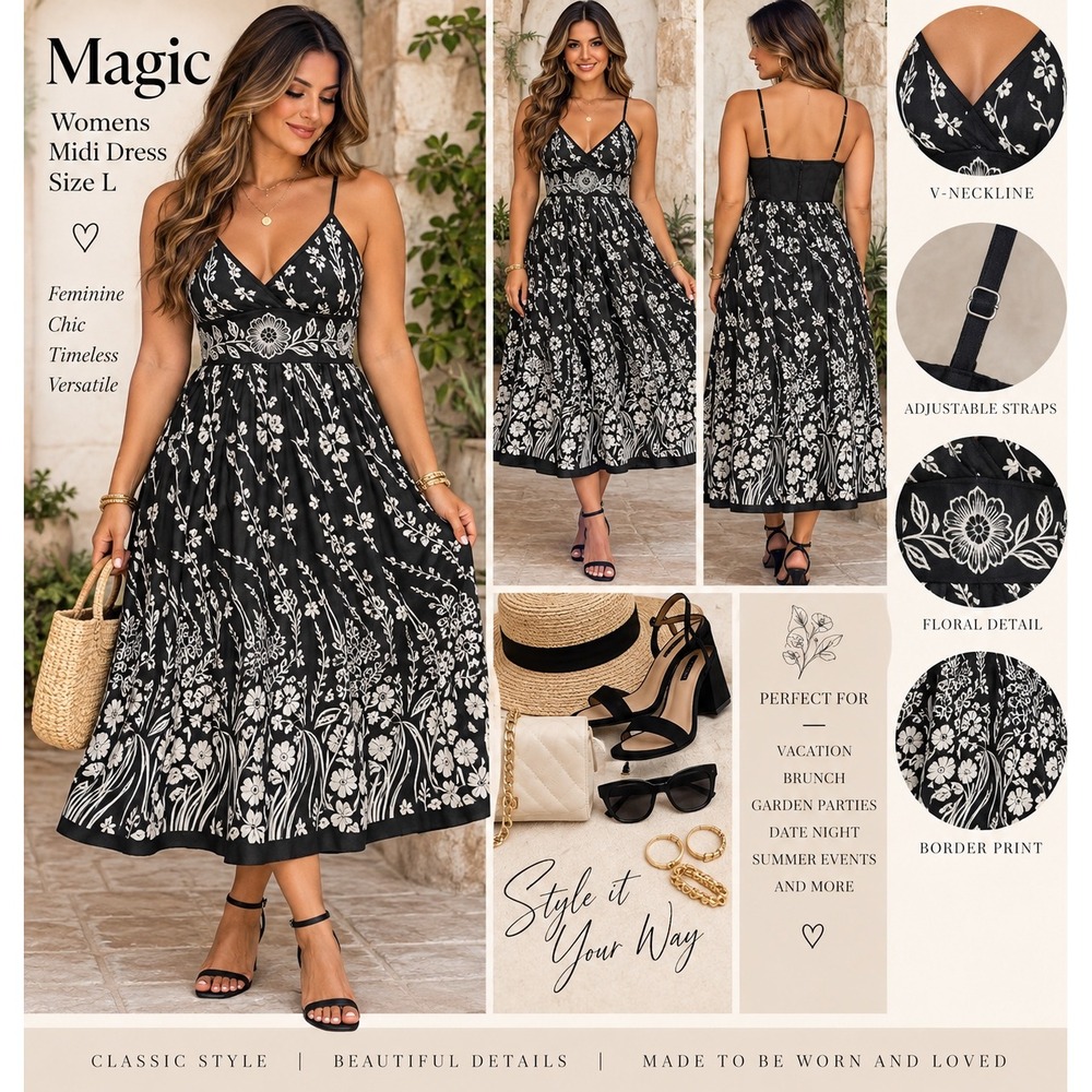 Magic Womens Midi Dress Black White Floral Border Print V-Neck Size L